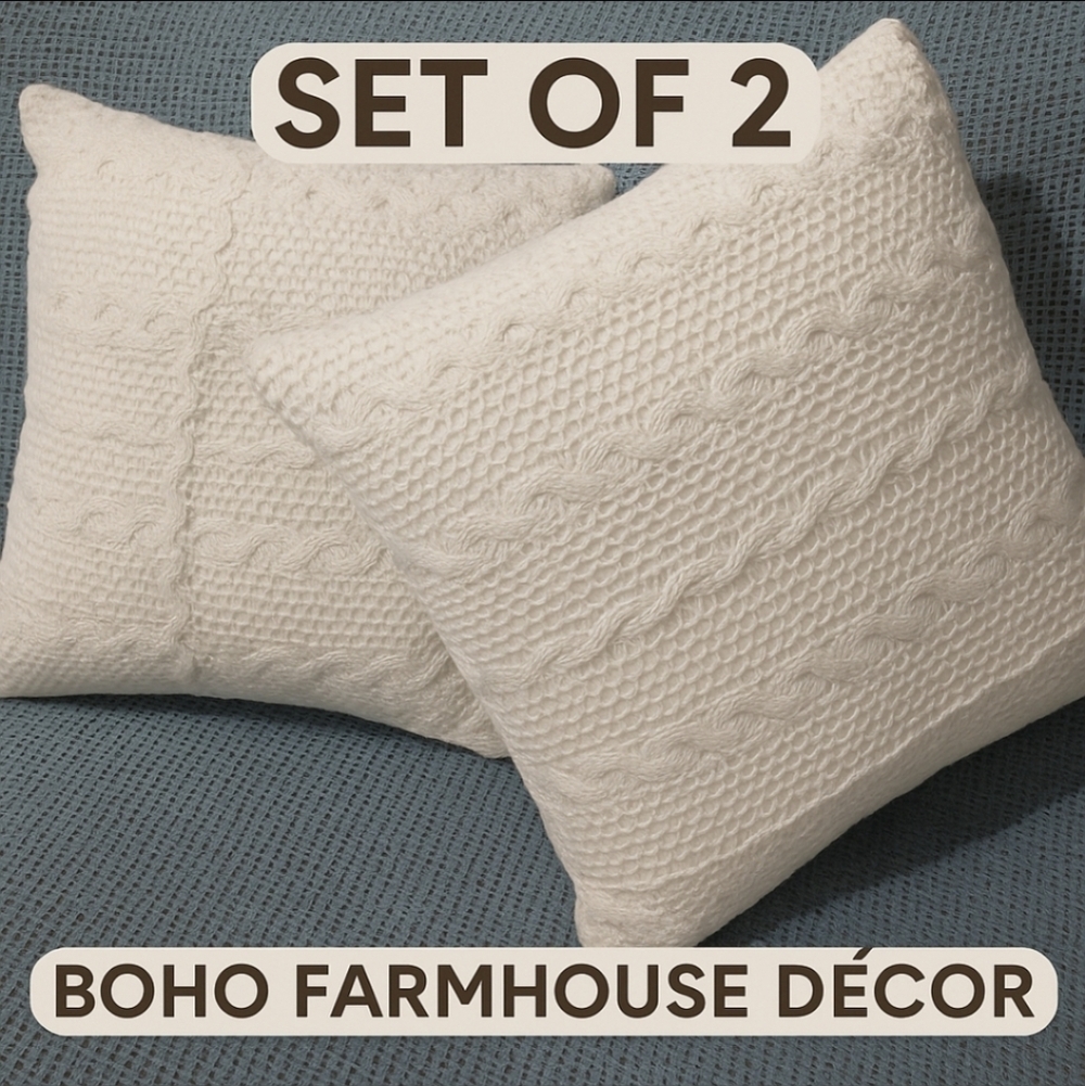 Set of 2 White Crochet Throw Pillows – Boho Farmhouse Cottage Decor NEW